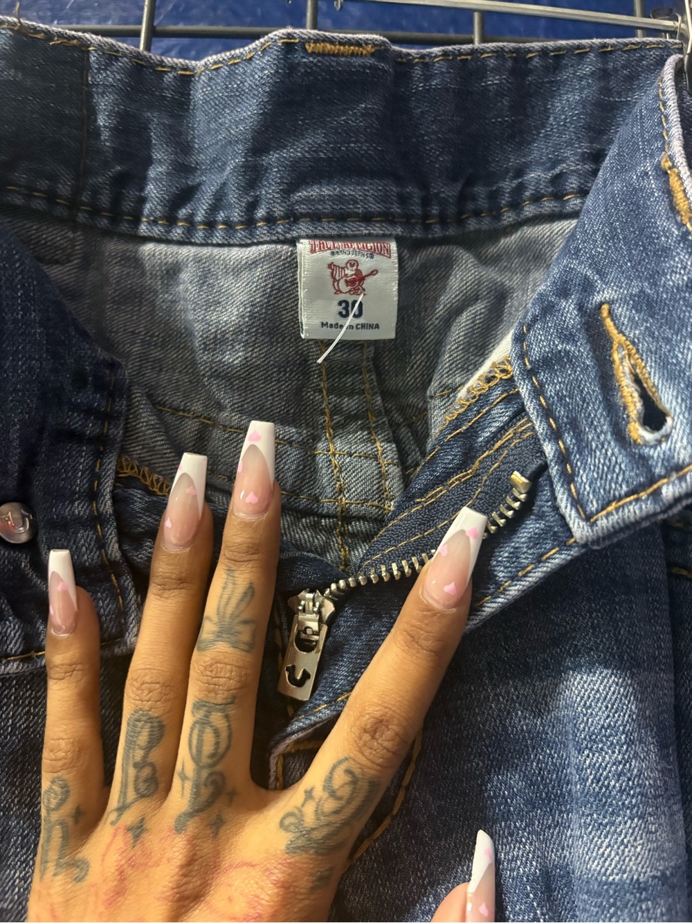 True Religion Blue Denim Jeans with Contrast Stitching - Picture 5 of 5